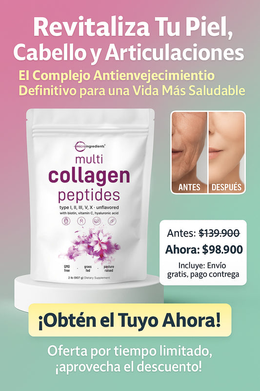 Multi Collagen Peptides | Tipo I, II, III, V, X con ácido hialurónico, biotina y vitamina C